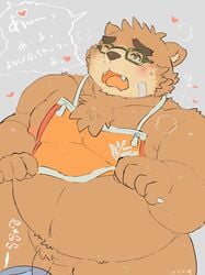 2019 absurd_res anthro apron balls belly blush brown_body brown_fur buta5kawa clothing eyewear fur glasses hamuga86 heart hi_res humanoid_hands japanese_text male male_only mammal moobs navel nipples one_eye_closed overweight overweight_male penis text tokyo_afterschool_summoners ursid video_games volos wink