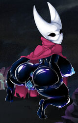 2019 absurd_res animal_humanoid areola arthropod arthropod_humanoid artist-apprentice587 big_breasts black_body black_sclera black_skin blue_nipples blush bodily_fluids bottomless breasts cervix cloak clothed clothing featureless female flashing gaping genital_fluids hi_res hollow_knight hornet_(hollow_knight) humanoid hymenopteran insect_humanoid insects looking_back mostly_nude nipples non-mammal_breasts outside presenting pussy pussy_juice solo spread_legs spread_pussy spreading thick_thighs video_games