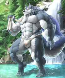 2019 5_fingers abs anthro balls biped black_nose canid canine canis clothing dendoro detailed_background fingers fundoshi fur grey_body grey_fur hair hi_res holding_towel humanoid_hands japanese_clothing law_(sdorica_sunset) long_hair male male_only mammal multicolored_body multicolored_fur muscular muscular_male nipples plant pubes sdorica sdorica_sunset standing towel two_tone_body two_tone_fur underwear waterfall white_body white_fur wolf yellow_eyes