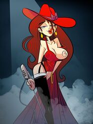 1girls big_breasts bracelet breasts brown_hair dress earrings eyeshadow female female_only fingernail_polish half-closed_eyes hat long_hair looking_at_viewer mario_(series) microphone nail_polish nintendo nipples pauline ring smoke solo spotlight stockings super_mario_odyssey tagme themrock thick thighhighs wide_hips