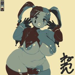 big_breasts breasts cock_sleeve dark-skinned_futanari dark_skin futanari intersex jester neone-x nia_(neone-x) penis thick_thighs thighhighs twintails wide_hips