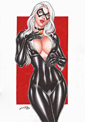 1girls black_bodysuit black_cat_(marvel) blue_eyes bodysuit breasts carlos_braga catsuit choker cleavage collar color colored digital_drawing_(artwork) digital_media_(artwork) domino_mask eyelashes felicia_hardy female female_only fur_trim hourglass_figure large_breasts legs legs_together long_hair marvel marvel_comics mask narrow_waist pale-skinned_female pale_skin pinup pinup_pose pose posing solo spider-man_(series) thief thighs voluptuous white_fur white_hair