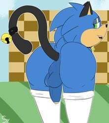 anus balls bell blush buttplug cat_ears_(disambiguation) clothed clothing collar crossdressing from_behind_(disambiguation) gloves handwear hi_res humanoid_penis legwear male male_only penis sex_toy sketchy_yvun sketchyyvun sonic_(series) sonic_the_hedgehog stockings