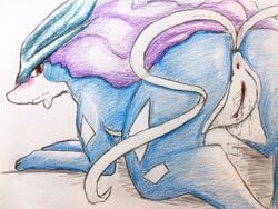 4:3 all_fours anus ass blue_body blue_fur blush bodily_fluids colored_pencil_(artwork) dripping eiroru female feral fur genital_fluids hi_res legendary_pokemon looking_at_viewer looking_back markings nintendo pokémon_(species) pokemon pokemon_(species) presenting presenting_hindquarters presenting_pussy purple_body purple_fur pussy pussy_juice rear_view red_eyes ribbons shy solo suicune traditional_media_(artwork) video_games white_body white_fur white_markings