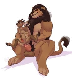 anal anal_sex antelope anthro anthro_on_anthro anthro_penetrated anthro_penetrating anthro_penetrating_anthro blush body_hair bovid dik-dik dragonasis duo erection felid fur happy_trail hooves horn humanoid_penis larger_male lion male male/male male_penetrated male_penetrating mammal nude pantherine pelage penetration penis predator/prey sex size_difference smaller_male stomach_bulge tongue true_antelope