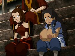 2girls accurate_art_style alternate_breast_size ambiguous_gender avatar_the_last_airbender breasts breasts_out casual_nudity clothing dark-skinned_female dark_skin edit gigantic_breasts half-closed_eyes head_on_hand huge_breasts huge_nipples katara large_breasts poivoit screenshot screenshot_edit small_breasts source_request suki zuko