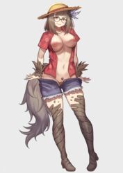 animal_hands animal_legs areola bottomwear breasts cinko clothing eyewear feathers female glasses hat headgear headwear hi_res humanoid kikimora_(monster_girl_encyclopedia) navel nipples no_underwear pubes pussy shirt shorts smile solo standing straw_hat topwear undressing