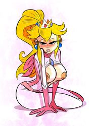 1girls big_breasts blonde_hair breasts crown curvy earrings female_only half-closed_eyes looking_at_viewer mario_(series) mario_kart nintendo nipples ponytail princess_peach solo suit themrock thick topless wide_hips