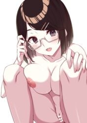 areolae bar_censor bikini black_hair blush breasts brown_eyes censored collarbone female fingernails fuji_yoshida glasses hair_ornament hairclip hand_in_hair hand_on_own_knee highres large_areolae large_breasts looking_at_viewer medium_hair nijisanji nipples nude open_mouth pussy semi-rimless_eyewear seto_miyako sidelocks smile solo squatting stomach swimsuit thick_thighs thighs under-rim_eyewear upper_teeth virtual_youtuber white-framed_eyewear white_background