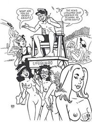 2boys 6+girls 7girls archie_andrews archie_comics beach_blanket birds black_and_white bracelets breasts cap casual clothed_male_nude_female conversation curly_hair david_farley erect_nipples female fence food frisbee hat hot_dog human jughead_jones leaping lifeguard lifeguard_tower looking_at_viewer pale_skin public sitting sunglasses_on_hat tagme tinted_eyewear walkie_talkie watermark