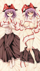 bed blush breasts dakimakura dress feet frills hat iku_nagae kurikara large_breasts lying naked_ribbon nipples pillow_case ribbon ribbons the_bed touhou