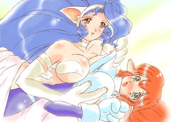 animal_ears blue_hair blush breast_press breasts buieito capcom cat_ears crossover darkstalkers erect_nipples felicia female galaxy_fight green_eyes large_breasts multiple_girls orange_hair pointy_ears roomi sunsoft symmetrical_docking trait_connection yuri