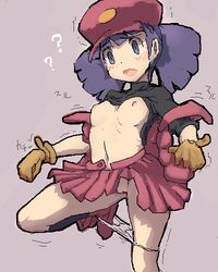 1girls ? areolae artist_request blue_eyes blush breasts clothes color female female_only gloves hat human human_only leg_up navel nintendo nipples npc_trainer open_mouth panties pokemon pokemon_dppt pokemon_ranger_(pokemon) pokemon_ranger_(pokemon_dppt) purple_hair pussy shirt shirt_lift skirt small_breasts solo standing text trembling