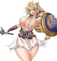 1041_(pixiv) blonde_hair blue_eyes braid breasts curvy female female_only hips huge_breasts human long_hair milf mother see-through shield solo sophitia_alexandra soul_calibur soul_calibur_iv sword weapon wide_hips