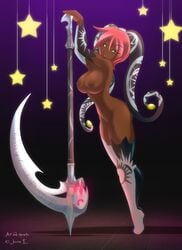 1girls breasts brown_skin dark_skin demon female full-length_portrait full_length green_eyes horns jessica_elwood lips_pouting matypup monster_girl nipples nude pink_hair portrait scythe short_hair solo standing stars tiptoes warrior weapon