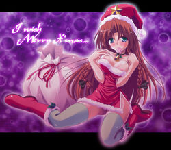 1girls blue_eyes blush bow braid breasts christmas cleavage condom condom_in_mouth female hat hong_meiling long_hair mouth_hold nipple_slip nipples red_hair reverse_noise santa santa_costume santa_hat side_slit solo thighhighs touhou twin_braids yamu_(reverse_noise) zettai_ryouiki