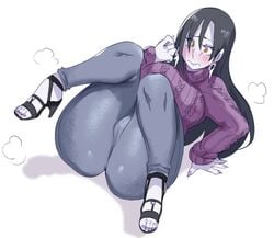 1girls big_ass big_breasts black_hair blush cameltoe clothed clumsy earrings embarrassed feet huge_ass lightsource lipstick long_hair milf naruto naruto_(series) naruto_shippuden open_toe_shoes orochimama orochimaru orochimommy pants purple_nails rule_63 solo sweater thick_thighs tight_clothing tight_pants white_background white_skin wide_hips yellow_eyes