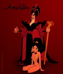 1boy 1girls aladdin bad_end badassk9 black_hair bondage cartoongirls chains collar disney disney_princess disney_villains evil_queen_jasmine female human jafar kneeling leash princess_jasmine slave topless topless_female