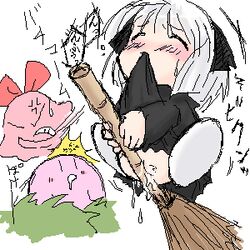 animal_ears artist_request blush broomstick cat_ears chuchu_(kirby) closed_eyes keke keke_(kirby) kirby kirby_(series) lowres masturbation nintendo pussy white_hair witch