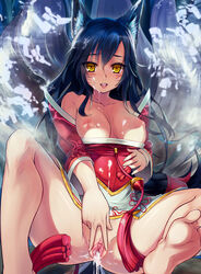 1girls after_sex ahri animal_ears anus ass bare_shoulders barefoot black_hair blue_hair blush breasts clitoris clothing cum cum_drip cum_in_pussy cum_inside cum_on_breasts cum_on_clothes cum_on_face eyelashes facial female fox_girl functionally_nude hair hi_res hindpaw japanese_clothing kimono league_of_legends long_hair looking_at_viewer mammal multiple_tails nipples open_kimono open_mouth paws pussy smile soles solo spread_legs spread_pussy spreading toes v whisker_markings xiaoyin_li yellow_eyes