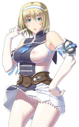 :p alternate_color armor armored_dress belt blonde_hair blush breasts cassandra_alexandra elbow_gloves female female_only gloves green_eyes hairband human kansuke nipples no_panties pantyhose see-through short_hair solo soul_calibur tongue white_background white_legwear wind_lift