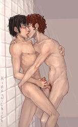 2boys aged_up black_hair circumcised closed_eyes embracing erection frottage gay gay_handjob hand_on_ass handjob holding_penis kinky-chichi kissing kyle_broflovski male male_only multiple_boys nude penis penises_touching puberty red_hair shower south_park stan_marsh wet yaoi