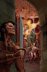 1boy 1girls 2boys 4_arms a_princess_of_mars alien barsoom captured defeated dejah_thoris enslaved_royal green_martian human indoors john_carter john_carter_of_mars larger_male loincloth mark_wheatley multi_arm multi_limb naked nude princess royalty size_difference slave smaller_female struggling sword topless watching