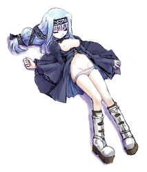 blue_hair boots breasts closed_eyes dress elemental_gelade erementar_gerad female headband long_hair lowleg lowleg_panties lying navel nipples on_back open_clothes open_dress panties panty_pull pussy ren reverie_metherlence sleeping solo source_request uncensored underwear white_panties