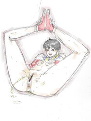 anus belly black_hair blush blush_lines bottomless breasts capcom censor_bar censored censored_pussy covered_breasts female female_focus female_only fingerless_gloves gloves hands_on_breasts knees_apart_feet_together kyura9een legs_up legwear looking_at_viewer lying lying_on_back lying_on_ground navel no_panties nopan on_back on_ground open_smile peeing peeing_on_ground pussy sakura_kasugano shoes short_hair simple_background small_breasts smile smiling smiling_at_viewer solo solo_female solo_focus spread_legs straight_hair street_fighter tagme topwear urinating urinating_female urination urine urine_stream white_background