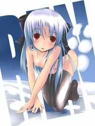 blue_hair bow breasts crawling flat_chest hairbow highres kagetsu_tohya len len_(tsukihime) maso_(artist) nipples nude red_eyes ren succubus thighhighs tsukihime type-moon