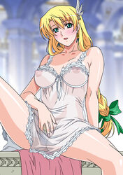 babydoll blonde_hair blush braid breasts camisole earrings female female_only green_eyes hair_ornament human jewelry kind_of_blue long_hair milf mother namco needle negligee nipples no_panties pointy_chin pubic_hair ribbon rudoni see-through single_braid sitting solo sophitia_alexandra soul_calibur uncensored