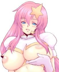 blue_eyes breast_hold breast_lift breasts gloves gundam gundam_seed gundam_seed_destiny hair_ornament highres inverted_nipples kannagi_kaname long_hair meer_campbell nipples pink_hair star_hair_ornament