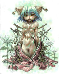 aqua_hair bell blush breasts daena danae earrings fangs female flower furry green_eyes jewelry katzeh legend_of_mana looking_at_viewer multi_breast navel nipples open_mouth pussy ribs saliva skinny slit_pupils solo water wet