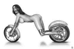 1girls artist_request ball_gag bdsm elbow_gloves female functionally_nude living_bike monochrome motorcycle tagme thigh_boots wheels