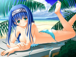 1girls aqua_eyes ass barefoot beach bikini blue_hair blue_sky blush breasts cloud elemental_gelade erementar_gerad female headband long_hair lying on_stomach ren reverie_metherlance reverie_metherlence solo sunbathing swimsuit topless