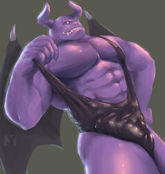 2019 5_fingers abs anthro biped clothed clothing dragaux dragon fingers m7 male male_only membrane_(anatomy) membranous_wings muscular muscular_male nintendo pecs penis purple_body purple_scales ring_fit_adventure scales scalie signature solo video_games wings wrestling_singlet