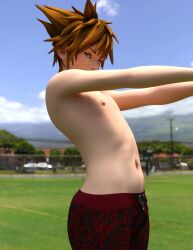 1boy 3d 3d_(artwork) 3d_animation 3d_model 3d_render aged_up aged_up_character back_arch belly daz3d daz_studio femboy half-closed_eyes half_lidded_eyes kingdom_hearts looking_at_viewer male male_focus male_only midriff myart navel navel_fetish navel_focus outdoors outside park sexy_body sexy_look sexy_pose shorts sora_(kingdom_hearts) sunlight video_game_character video_games zazkinkart