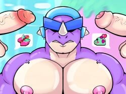 4:3 balls blue_cap brawl_stars buzz_(brawl_stars) dinosaur doug_(brawl_stars) erection food foreskin gay gay_anal gay_male gay_sex genitals hi_res homosexual homosexual_male homosexual_sex hot_dog kiwixip3 male male/male male_only male_penetrated male_penetrating male_penetrating_male pecs penis pierce_(brawl_stars) prehistoric_species purple_body reptile scalie solo standing supercell_(company) thinking vein veiny_penis