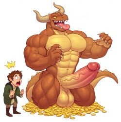ai_generated anthro big_muscles big_penis bilbo_baggins dragon funny gay hobbit_(lotr) pride scared smaug smile the_hobbit