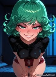 2026 ai_generated anime bed bedroom blush breasts cleavage covered_nipples crossover curly_hair dolphin_shorts eye_contact female female_focus female_only flushed green_eyes green_hair grin hands_on_own_thighs highres indoors inside leaning_forward looking_at_viewer medium_breasts naughty_face night nsfw on_bed one-punch_man patreon patreon_username red_shorts rognezart shirt short_hair short_shorts shorts smile smiling solo sweat sweaty tatsumaki thick_thighs thigh_gap thighs