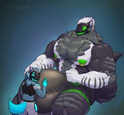 anthro big_bulge big_muscles boxers_(clothing) boxers_only bulge bulge_fondling chest_tuft clothed clothing detailed_bulge duo gay gay_anal gay_male gay_sex hi_res homosexual homosexual_male homosexual_sex huge_bulge huge_muscles hyper hyper_bulge machine male male/male male_only male_penetrated male_penetrating muscular muscular_male nipple_piercing nipples piercing protogen shiroshyper simple_background size_difference topless tuft underwear underwear_only zaxxon