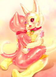 2012 anthro ass blush breasts collar collar_only felid female female/female glistening glistening_body lagomorph leporid machine mammal nipples nude pink_body rabbit red_eyes robot shiny_skin simple_background smile tetetor-oort yuri