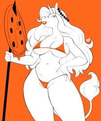 5:6 absurd_res anthro big_breasts bikini breasts camel_toe clothing equid equine female food hi_res horn little_caesars looking_at_viewer mammal melee_weapon mythological_creature mythological_equine mythology nagainosfw pizza polearm rosie_(roselynn_meadow) solo spear swimwear two-piece_swimsuit unicorn weapon