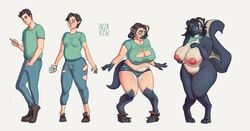 2019 annoyed anthro arzarin big_breasts black_hair breast_growth breasts cameltoe cleavage clothed clothing female gender_transformation hair hi_res human human_to_anthro male mammal mephitid mtf_transformation nipples pussy sequence shirt simple_background skunk solo species_transformation tail_growth topwear torn_clothes transformation white_background