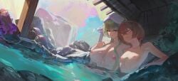 2girls big_breasts blue_eyes breasts brown_hair butterfly_hair_ornament clio_aite closed_eyes closed_mouth collarbone commentary female flat_chest grey_hair hair_ornament highres large_breasts long_hair mature mature_female multiple_girls nipples older_female onsen phase_connect phase_invaders_quest phase_saga rasupu4 same-sex_bathing second-party_source shared_bathing short_hair size_difference small_breasts teacher virtual_youtuber vtuber wet wilhelmina_frost yuri