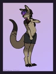 2023 3:4 andromorph anthro belly black_border black_hair border bottomwear bottomwear_pull brown_body brown_fur chest_tuft clothed clothing clothing_lift clothing_pull dansharkman digital_drawing_(artwork) digital_media_(artwork) digitigrade early_pregnancy english_description english_text flashing flashing_chest flashing_pussy fur genitals grey_eyes hair hair_over_eye hi_res humanoid_hands intersex kangaroo looking_at_viewer macropod mammal marsupial mastectomy_scar navel pregnant pregnant_andromorph pregnant_anthro pregnant_intersex purple_background purple_hair_tips scar shirt shirt_lift shorts shorts_pull simple_background sketch skylar_(dansharkman) solo standing tail text topwear trans_(lore) trans_man_(lore) tuft vulva
