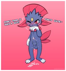 anthro blush bodily_fluids border closed_smile crossbar_emanata cum cum_drip cum_on_ground cum_on_own_penis cum_on_penis cum_on_self dialogue dripping ejaculation emanata english_text forehead_gem fur gay gay_male gem generation_4_pokemon genital_fluids genitals gowiththephlo gradient_background grey_body grey_fur hand_on_mouth hands-free hi_res homosexual homosexual_male humanoid_genitalia humanoid_penis looking_at_another male male/male male_only male_penetrating mouth_closed nintendo one_eye_closed penis pokemon pokemon_(species) red_eyes simple_background smile snickering solo standing text throbbing throbbing_penis tremble_spikes weavile white_border