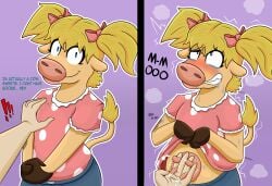 abby_(back_at_the_barnyard) absurd_res animal_noises anthro back_at_the_barnyard barnyard_(series) blush bodily_fluids bovid bovine cattle duo female hi_res human human_on_anthro interspecies male male/female mammal mooing nickelodeon tears teats twintails udder_milking udders weirdkoaladream