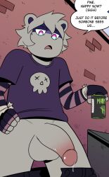 alley alley_sex annoyed anthro balls beverage beverage_can big_balls big_penis bodily_fluids bottomwear bottomwear_down brick_wall clothed clothing dripping dumpster energy_drink english_text first_person_view fully_clothed genital_fluids genitals humanoid_genitalia humanoid_penis looking_at_viewer male mammal outside_sex pants pants_down partially_clothed penis precum precum_drip procyonid raccoon sex solo t0l0k text wall_(structure) zain_the_raccoon_(aarlog)