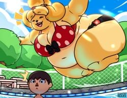 1boy 1girl animal_crossing anthro bbw belly big_ass big_breasts bikini black_bow blonde_hair bow breasts canine chubby cleavage day drokmars falling fat female furry hair_bun huge_ass huge_breasts human in_air isabelle_(animal_crossing) jumping male nintendo obese oblivious open_mouth outdoors overweight polka_dot_bikini pool red_bikini size_difference smile surprised swimming_pool swimsuit thick_thighs twin_buns villager_(animal_crossing) wide_eyes wide_hips